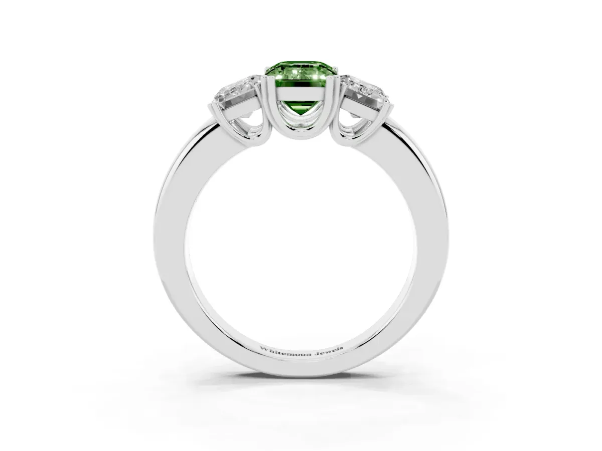 Fancy Green Three-Stone Emerald Cut Cut Diamond Ring with Channel Set Band and Four-Prong Setting Silver