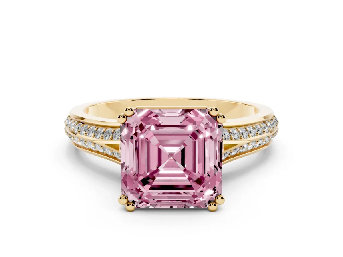 Fancy Pink Asscher Cut Diamond Split Shank Engagement Ring with Pavé Band Yellow gold