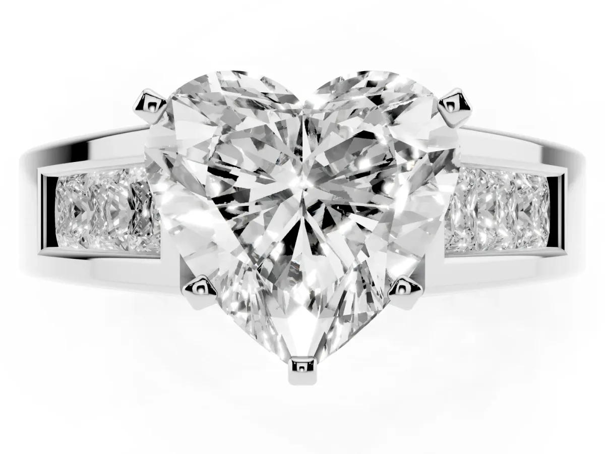 Heart Cut Cut Channel Set Solitaire Ring with Four-Prong Setting Silver