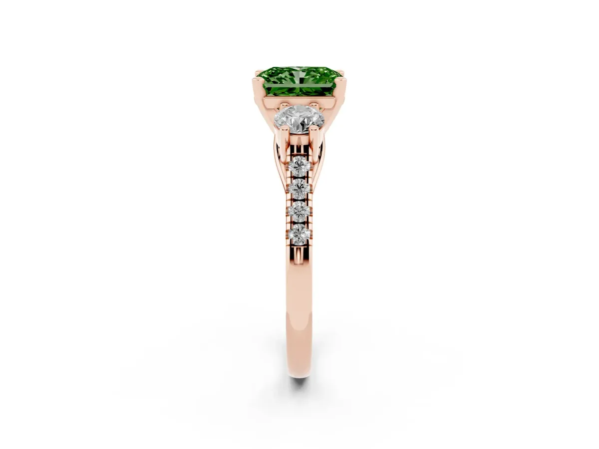 Fancy Green Three-Stone Radiant Cut Diamond Pavé Band with Four-Prong Setting Rose gold