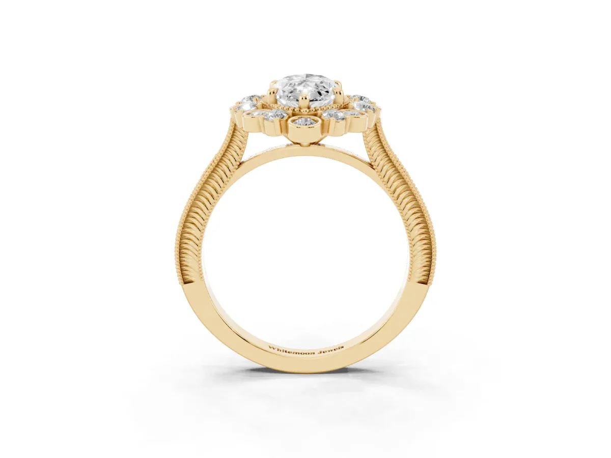 Marquise Cut Halo Milgrain Pave Diamond Ring with Four-Prong Setting Yellow gold