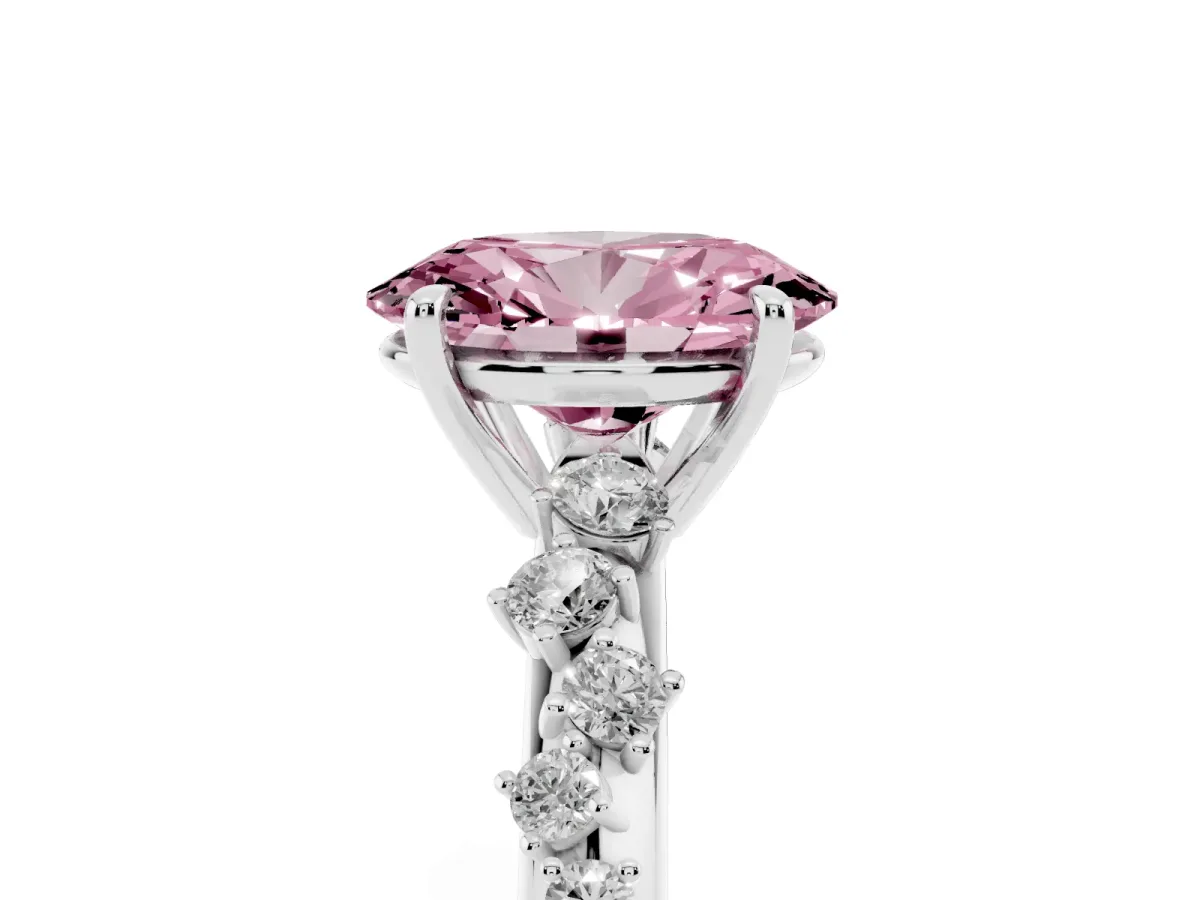 Fancy Pink Oval Cut Diamond Cluster Side Stone Solitaire Ring with Prong Setting Silver
