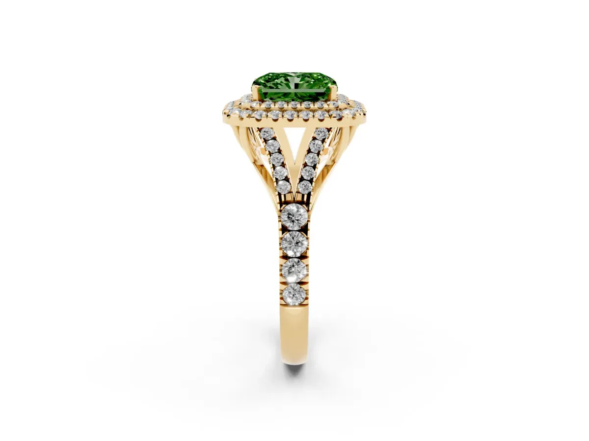 Fancy Green Radiant Cut Cut Double Halo Split Shank Diamond Ring with Prong Setting Yellow gold
