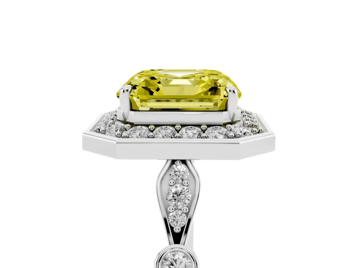 Fancy Yellow Asscher Cut Halo Diamond Engagement Ring with Twisted Band and Four-Prong Setting Silver