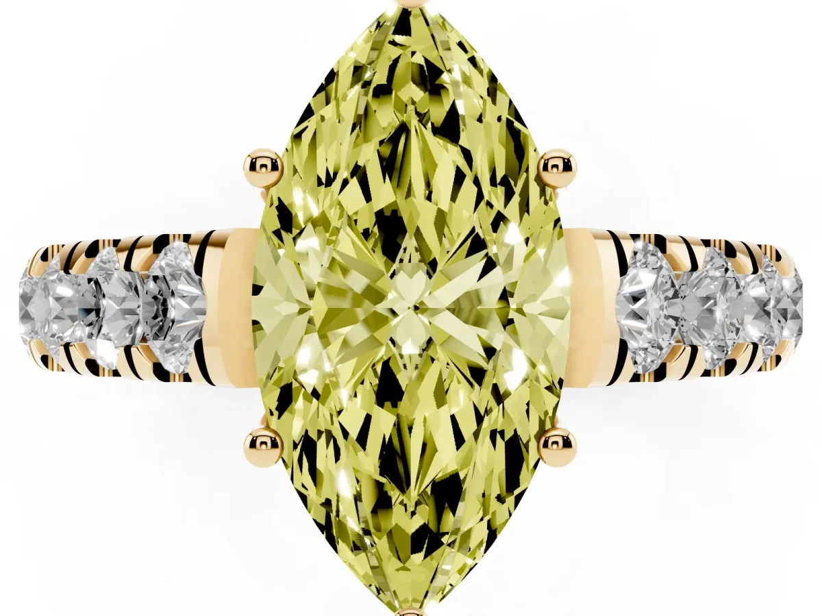 Fancy Yellow Marquise Cut Cut Diamond Solitaire Ring with Micro Pave Band and Prong Setting Yellow gold