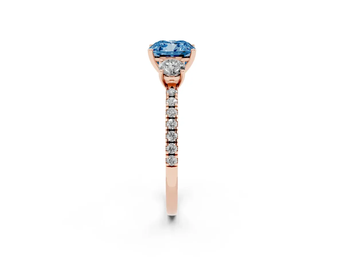 Fancy Blue Three-Stone Cushion Cut Cut Diamond Pavé Band with Prong Setting Rose gold