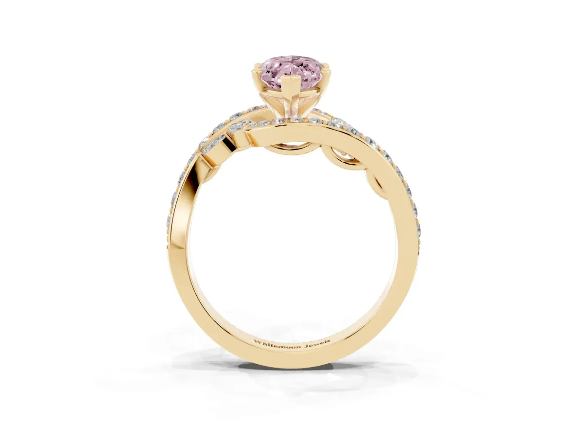Fancy Pink Marquise Cut Solitaire with Pavé Twist Band and Four-Prong Setting Yellow gold