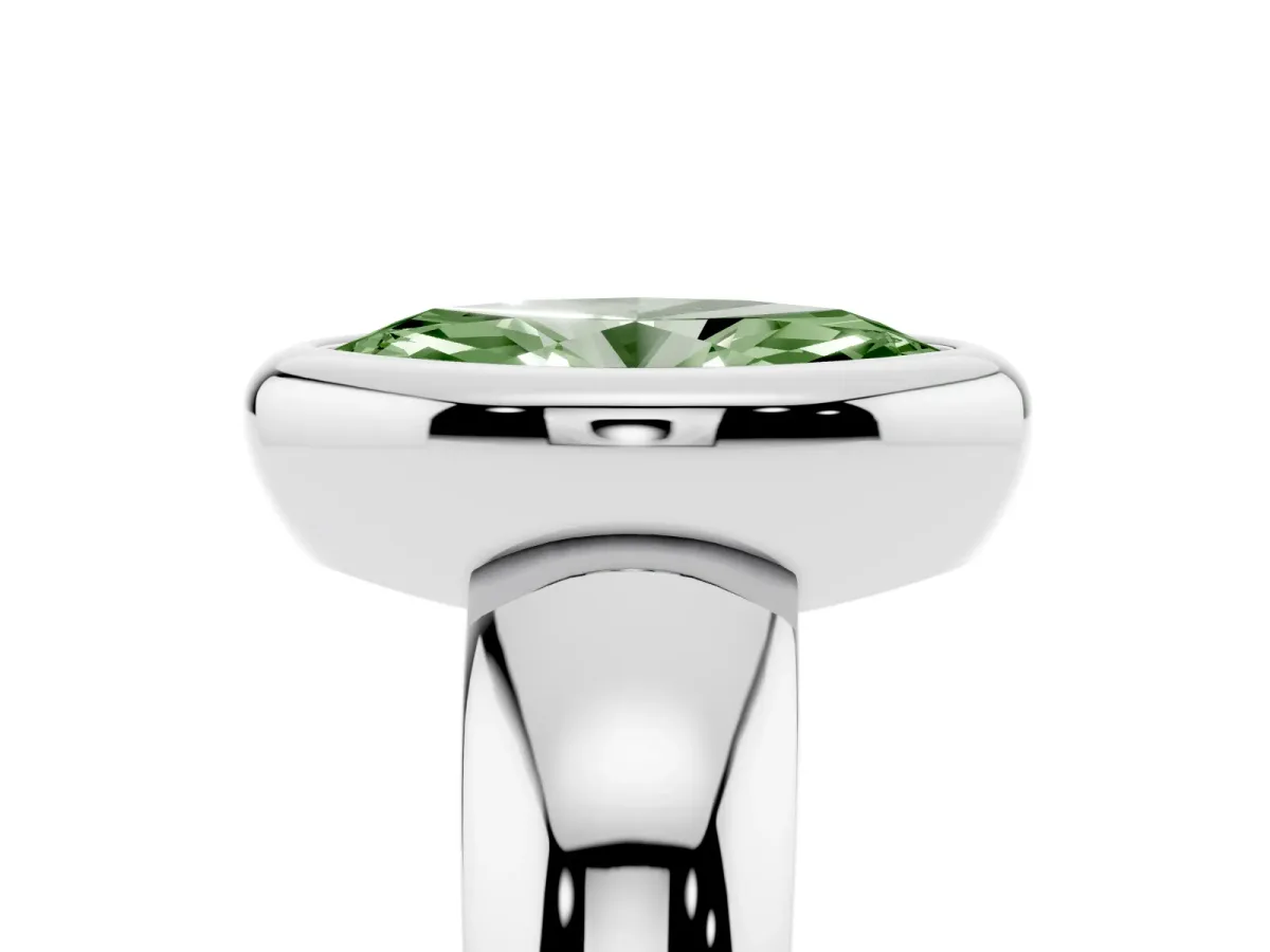 Fancy Green Bezel Set Marquise Cut Solitaire Ring with Wide Band Platinum