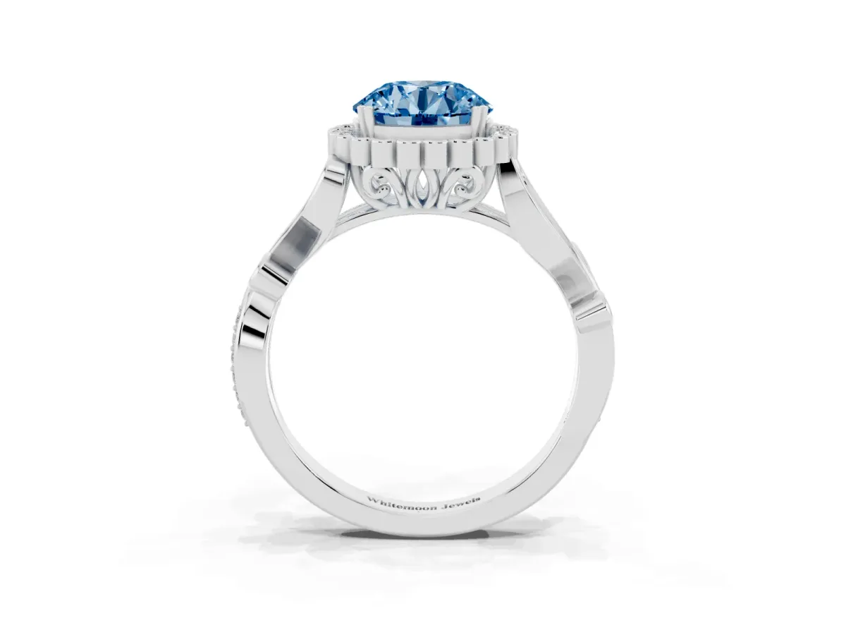 Fancy Blue Round Cut Diamond Halo Ring with Vintage Split Shank and Four-Prong Setting Silver