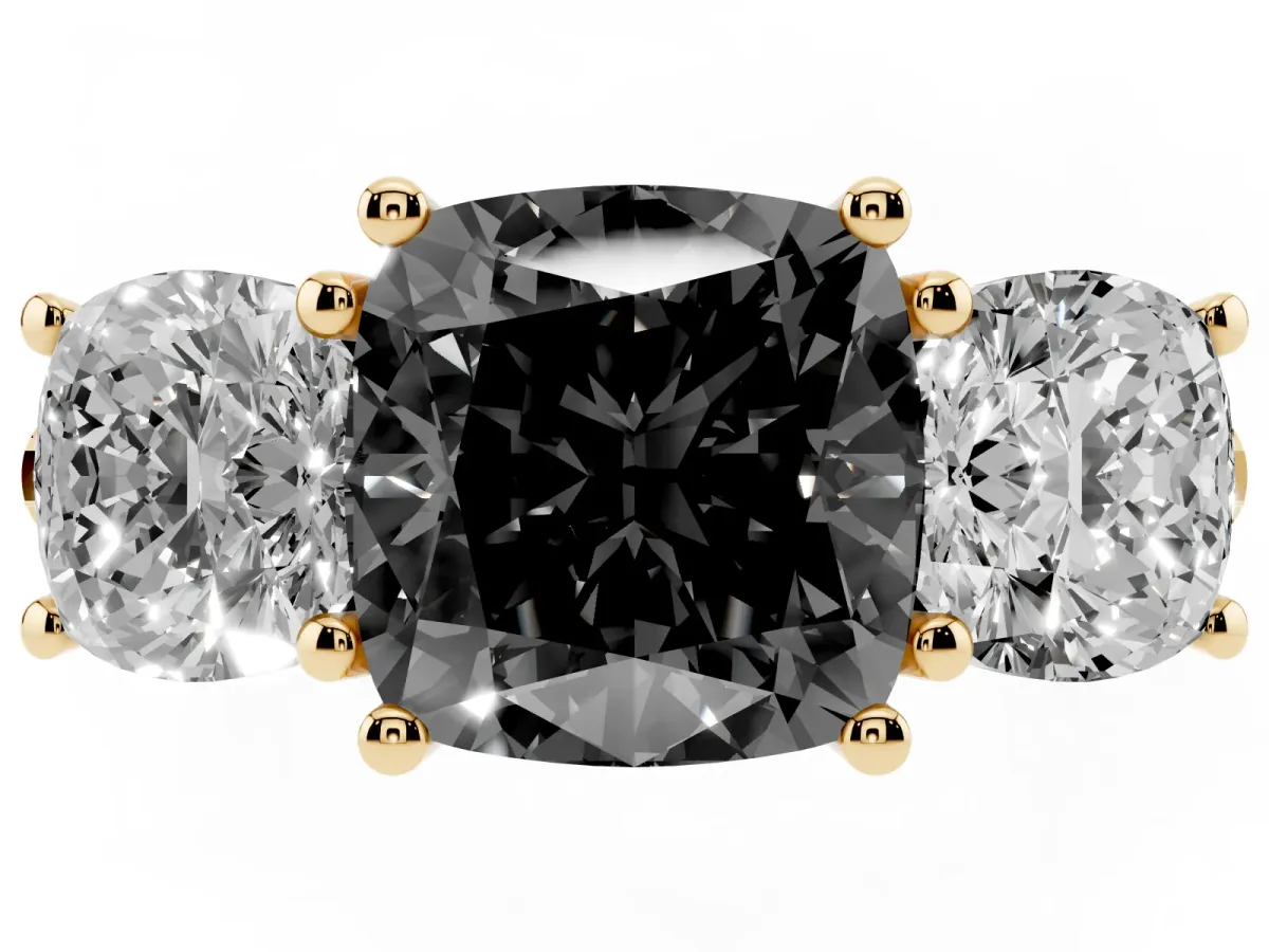 Fancy Black Three-Stone Cushion Cut Diamond Ring with Round Pavé Band and Prong Setting Yellow gold