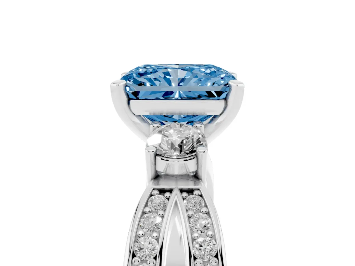 Fancy Blue Three-Stone Radiant Cut Cut Diamond Twist Band with Prong Setting Platinum