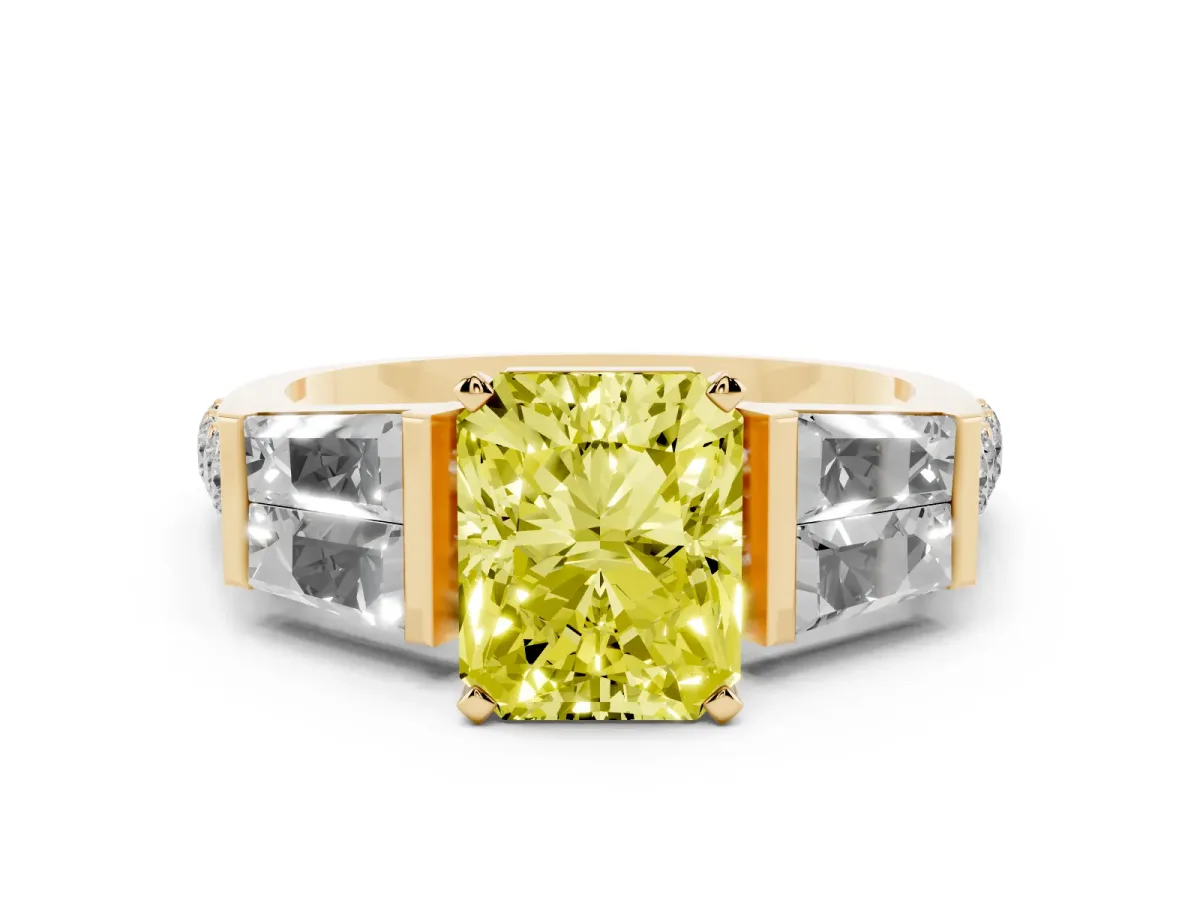 Fancy Yellow Radiant Cut Diamond Engagement Ring with Baguette Side Stones and Channel Set Band Yellow gold