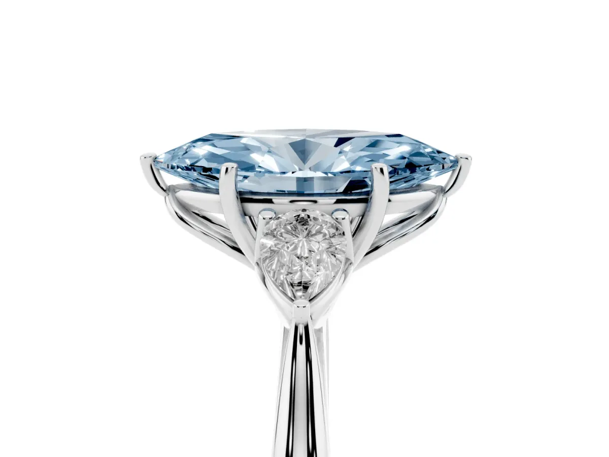 Fancy Blue Marquise Cut Diamond Three-Stone Ring with Pear Side Stones and Prong Setting Silver
