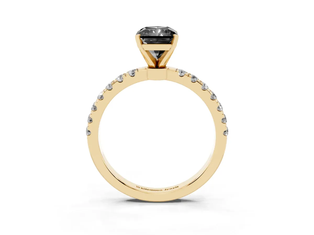 Fancy Black Radiant Cut Diamond Solitaire Ring with Pavé Accents and Four-Prong Setting Yellow gold