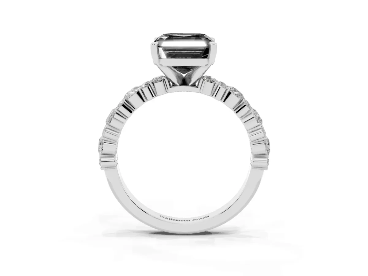 Fancy Black Asscher Cut Diamond Side Stone Solitaire Ring with Round and Four-Prong Setting Platinum