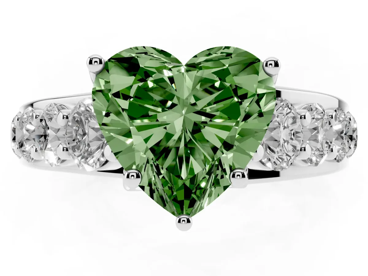 Fancy Green Heart Cut Diamond Engagement Ring with Pavé Band and Four-Prong Setting Silver