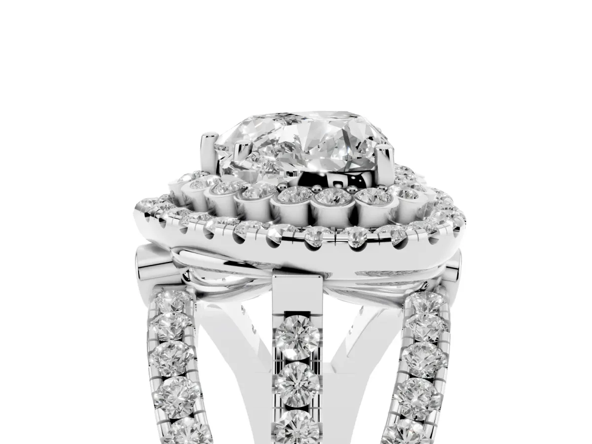 Heart Cut Diamond Double Halo Ring with Round Pavé Split Shank and Prong Setting Platinum