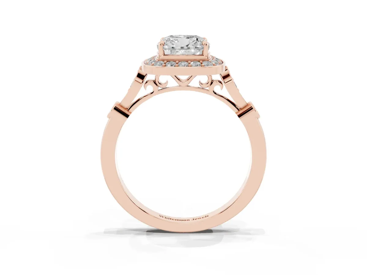 Cushion Cut Halo Diamond Engagement Ring with Twisted Band and Four-Prong Setting Rose gold