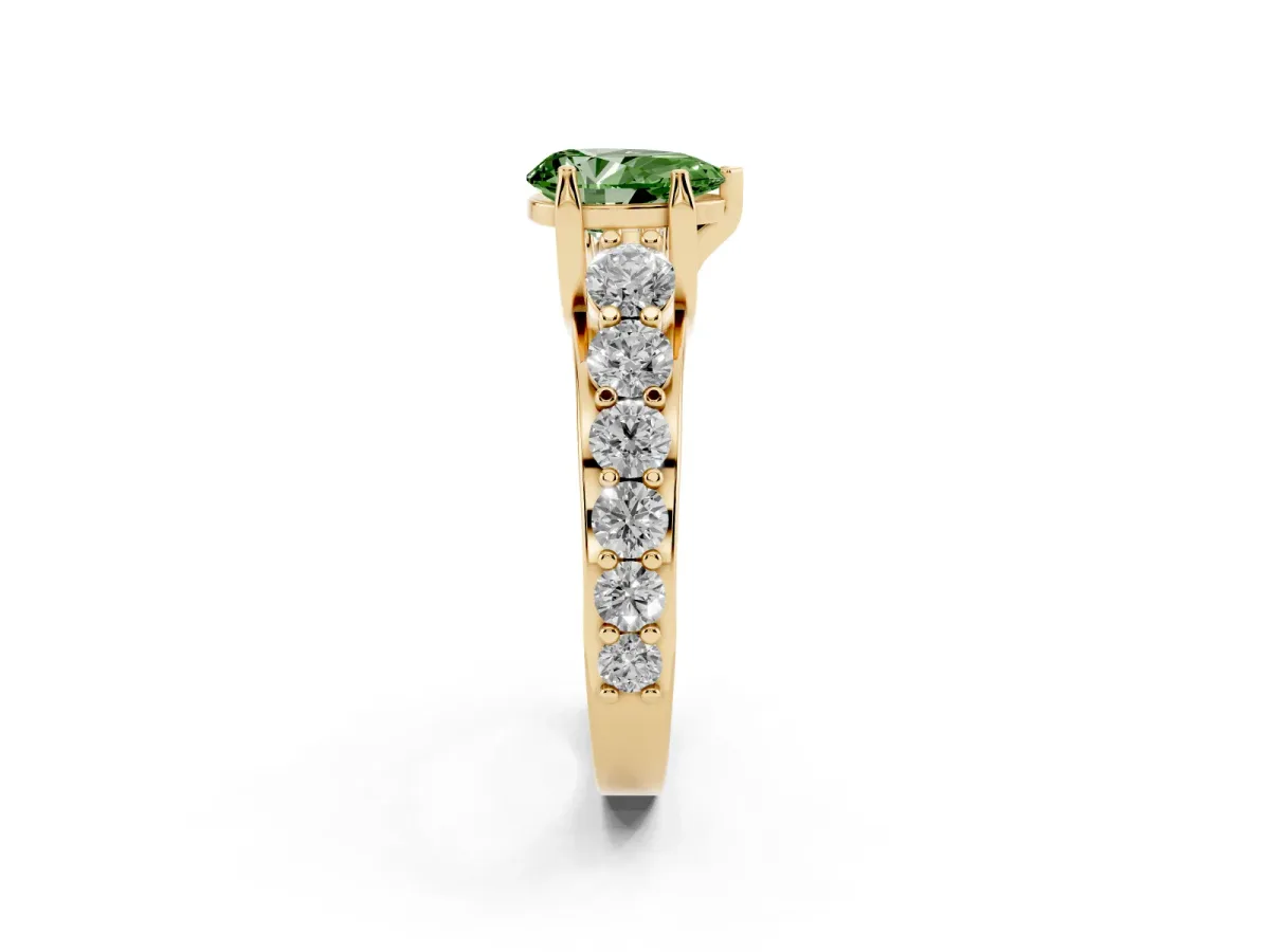 Fancy Green Pear Cut Diamond Engagement Ring with Pavé Band and Four-Prong Setting Yellow gold