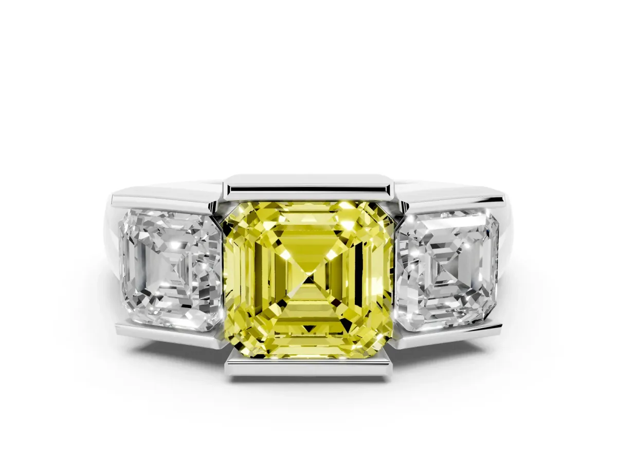 Fancy Yellow Three Stone Asscher Cut Cut Channel Set Diamond Ring Silver
