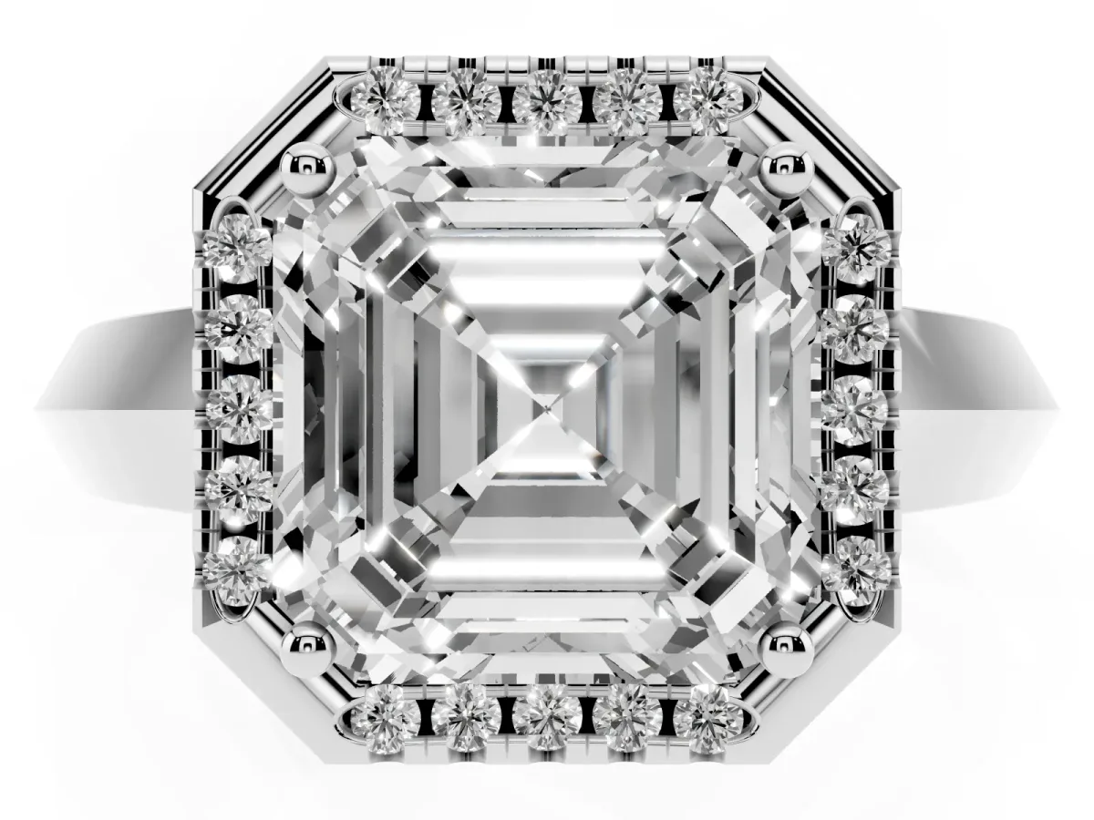 Asscher Cut Halo Diamond Ring with Cathedral Band and Four-Prong Setting Silver