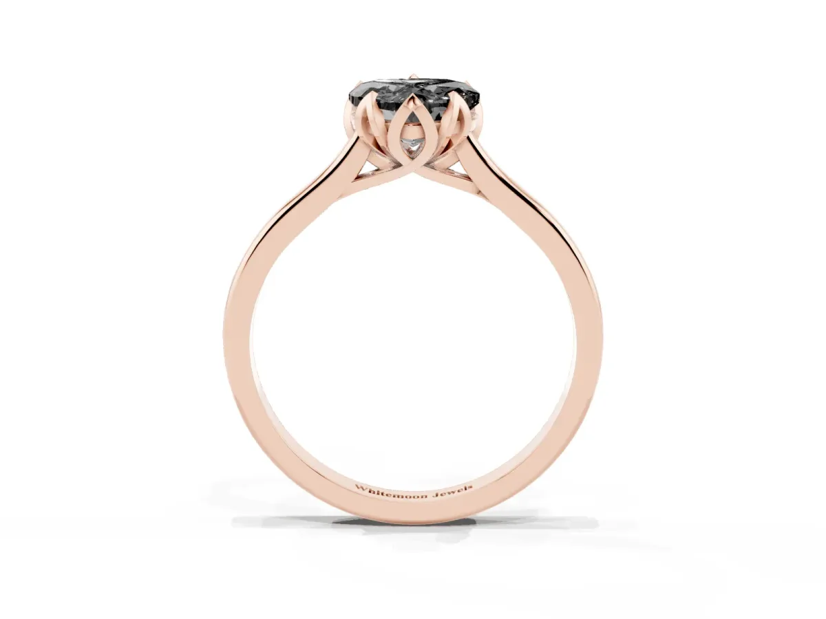 Fancy Black Heart Cut Diamond Solitaire Ring with Flower Prong Setting and Classic Band Rose gold
