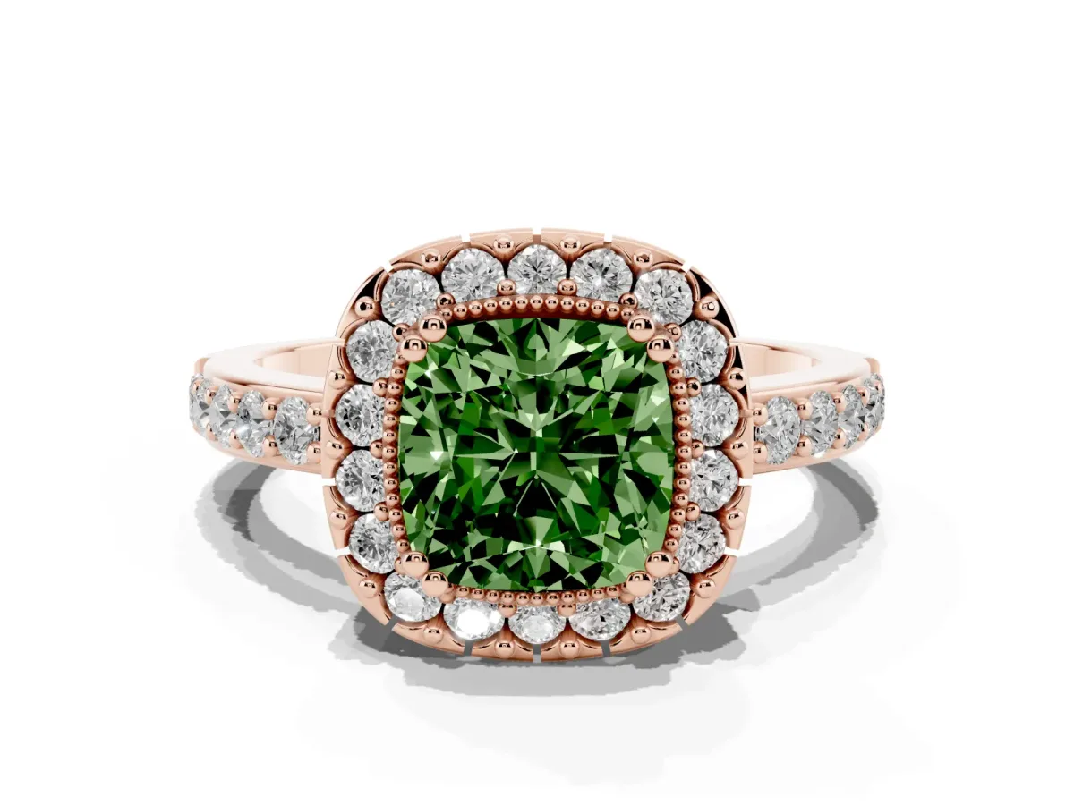 Fancy Green Cushion Cut Diamond Halo Ring with Pavé Band and Prong Setting Rose gold