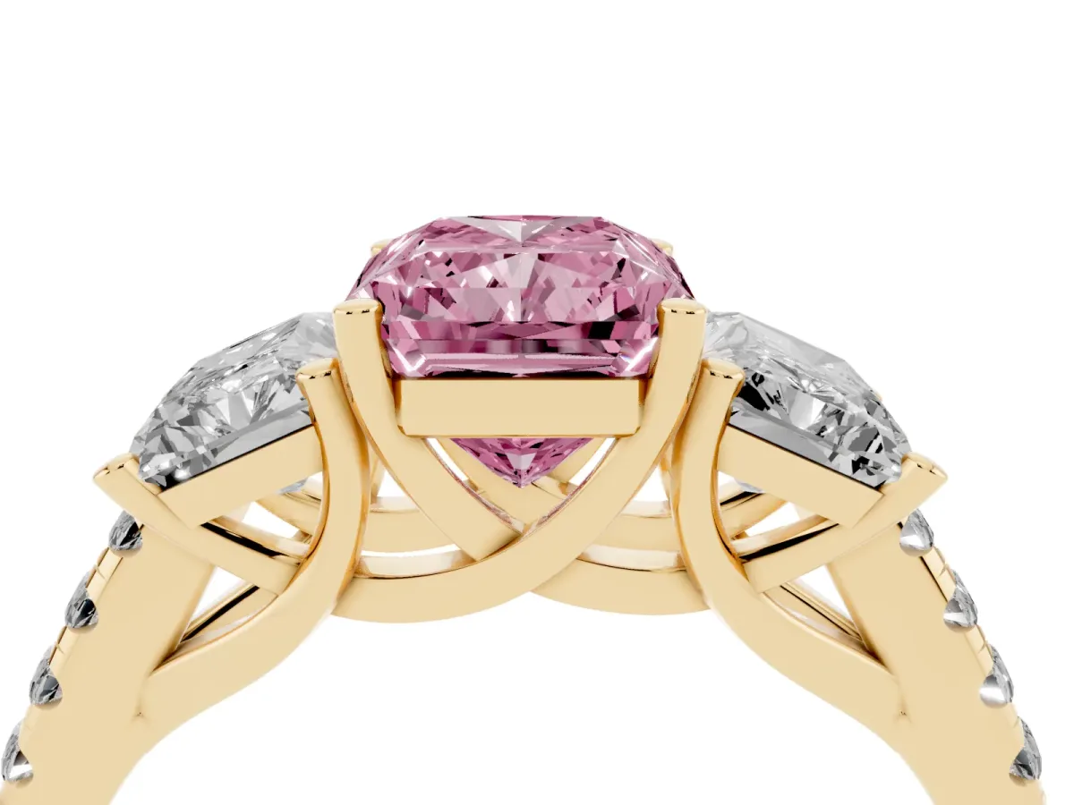 Fancy Pink Three-Stone Radiant Cut Diamond Ring with Round Pavé Band and Prong Setting Yellow gold