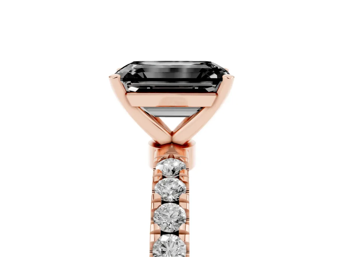 Fancy Black Emerald Cut Diamond Solitaire Ring with Pavé Accents and Four-Prong Setting Rose gold