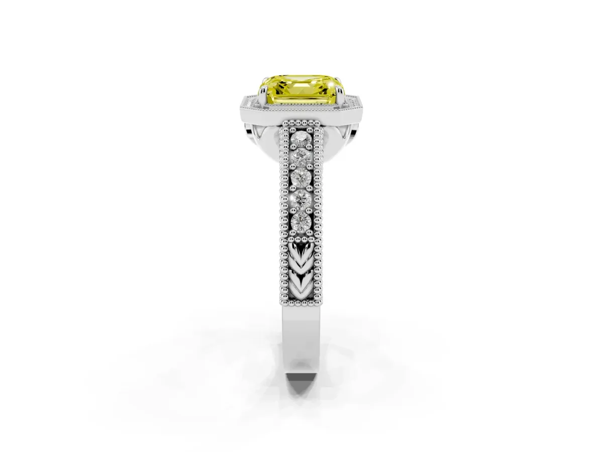 Fancy Yellow Asscher Cut Cut Halo Diamond Ring with Pavé Band and Four-Prong Setting Platinum