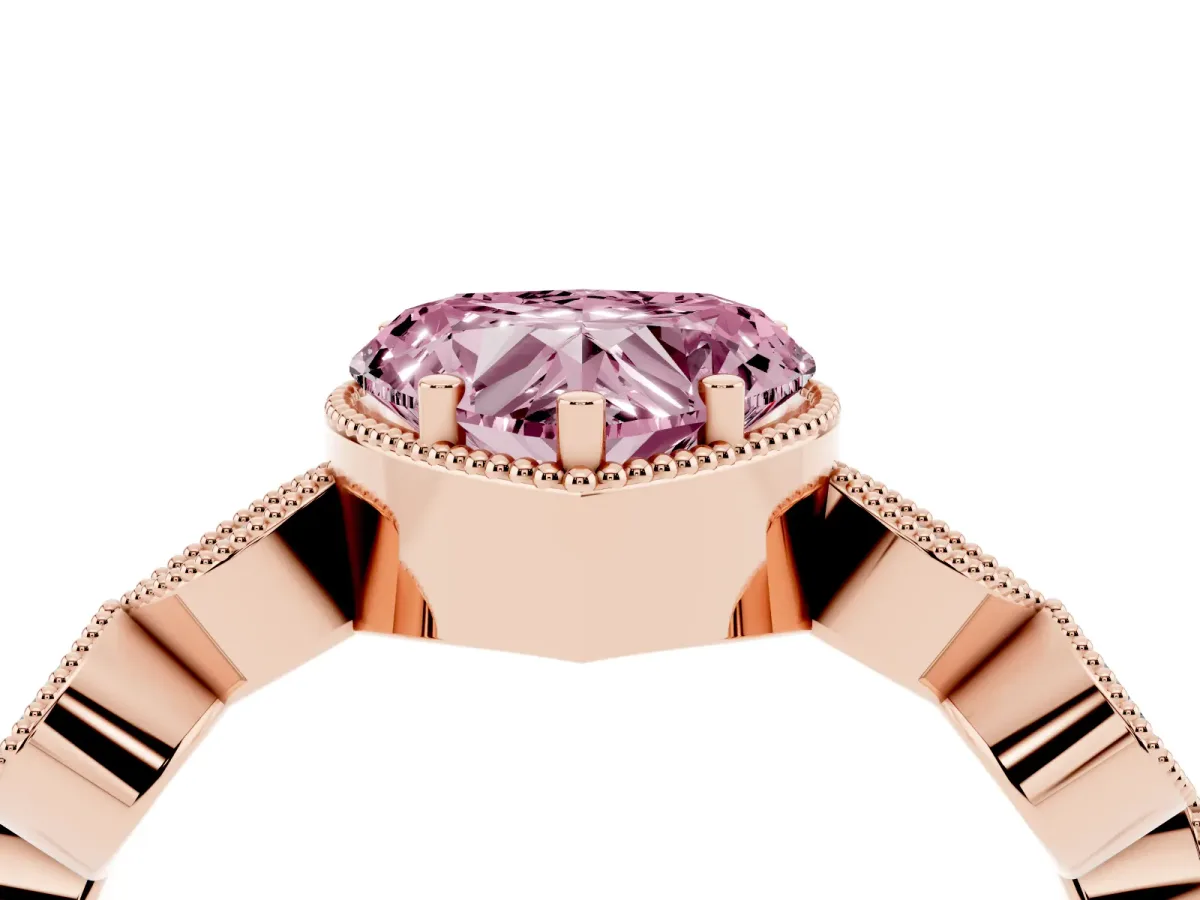 Fancy Pink Heart Cut Diamond Vintage Milgrain Ring with Round Stations Rose gold