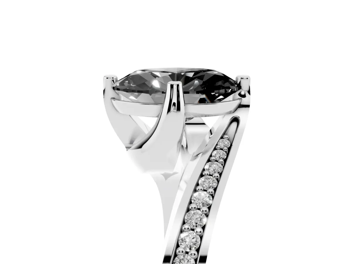 Fancy Black Oval Cut Solitaire Diamond Twist Band with Pavé Setting and Four-Prong Setting Silver