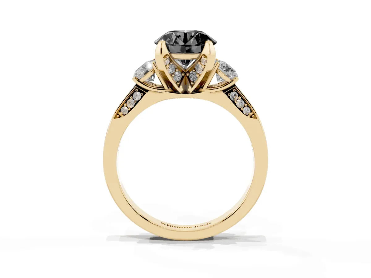 Fancy Black Round Cut Brilliant Three-Stone Diamond Ring with Pavé Band and Four-Prong Setting Yellow gold