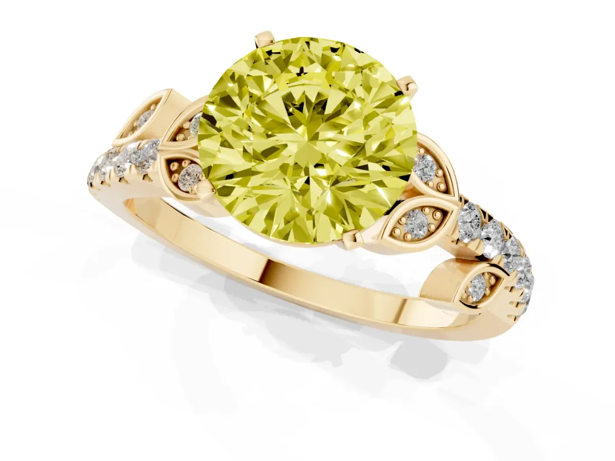 Fancy Yellow Round Cut Solitaire Leaf-Inspired Diamond Ring with Pavé Band and Four-Prong Setting Yellow gold