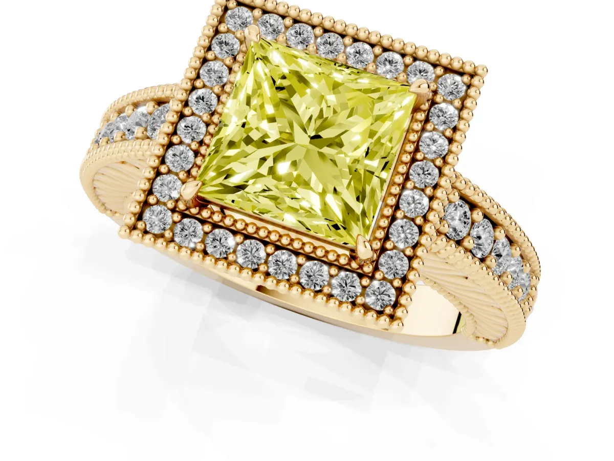 Fancy Yellow Princess Cut Cut Halo Diamond Ring with Pavé Band and Four-Prong Setting Yellow gold