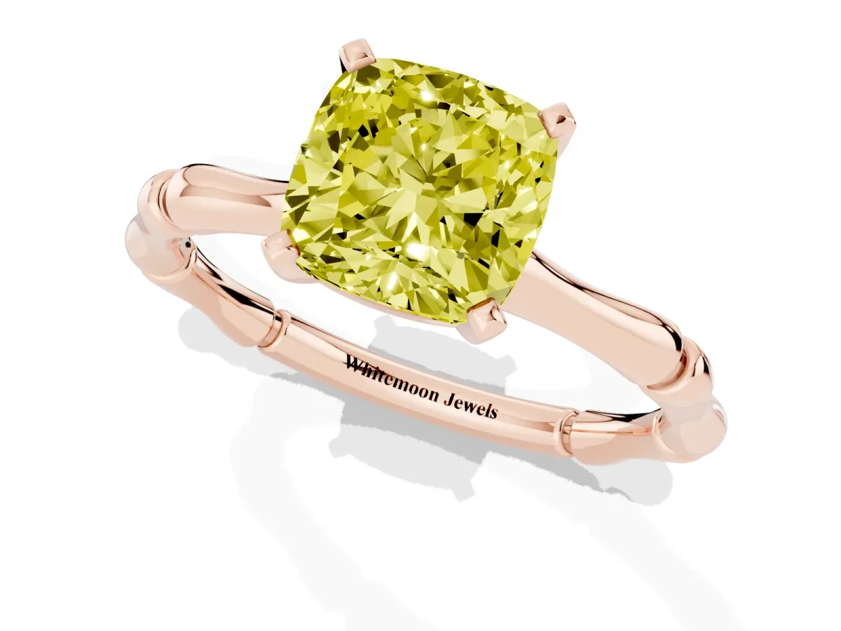 Fancy Yellow Cushion Cut Solitaire Diamond Ring with Bamboo Band and Four-Prong Setting Rose gold