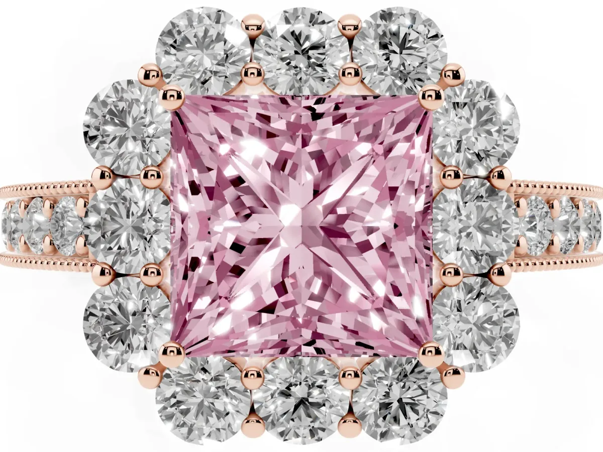 Fancy Pink Princess Cut Cut Halo Diamond Pavé Engagement Ring with Milgrain Detailing Rose gold