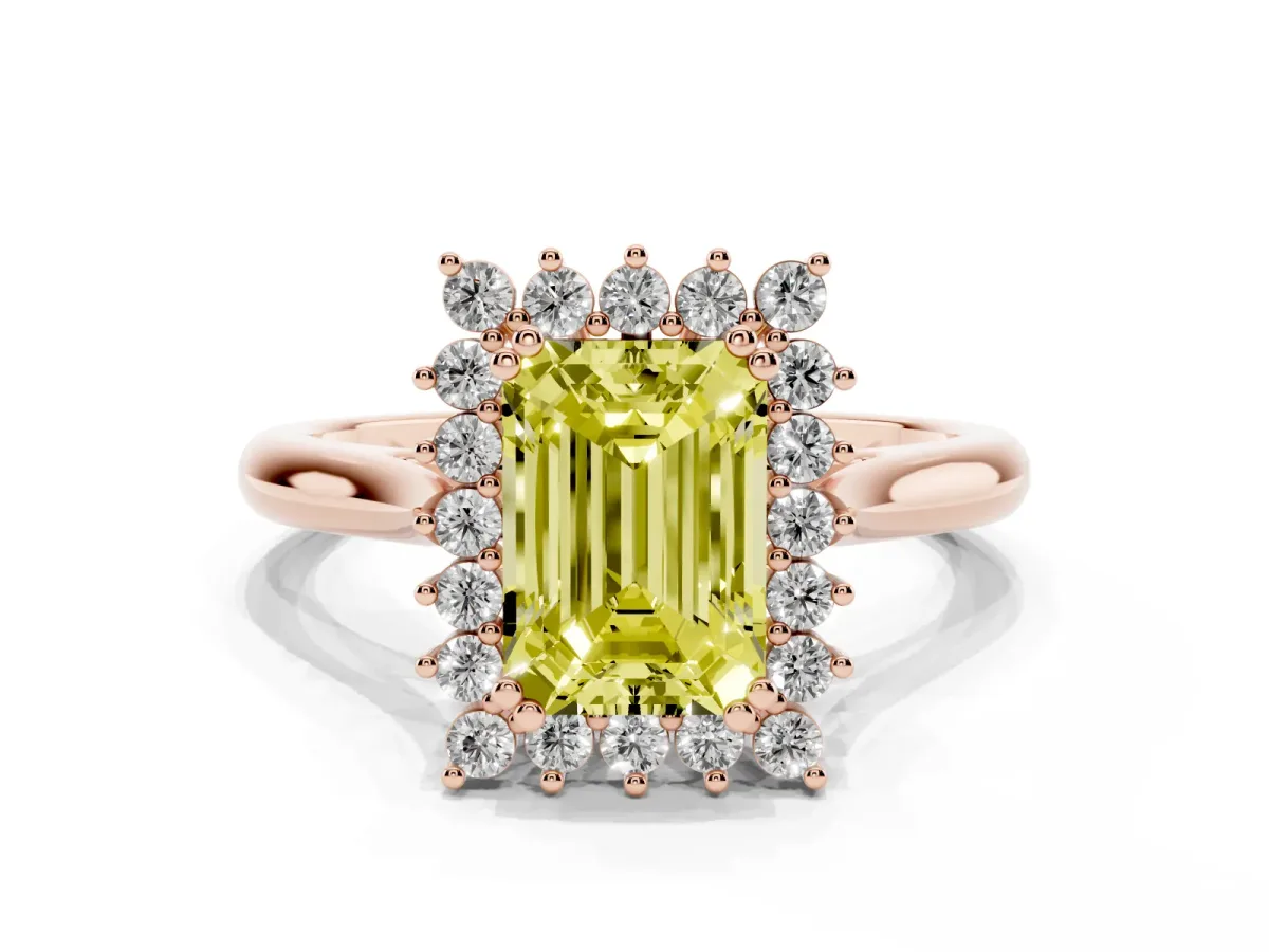 Fancy Yellow Emerald Cut Cut Diamond Halo Ring with Solitaire Band and Prong Setting Rose gold