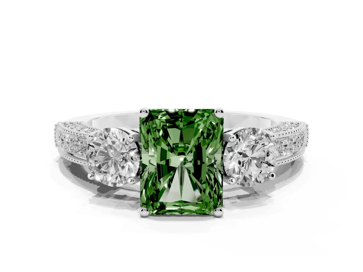 Fancy Green Radiant Cut Three-Stone Diamond Ring with Pavé Band and Four-Prong Setting Silver