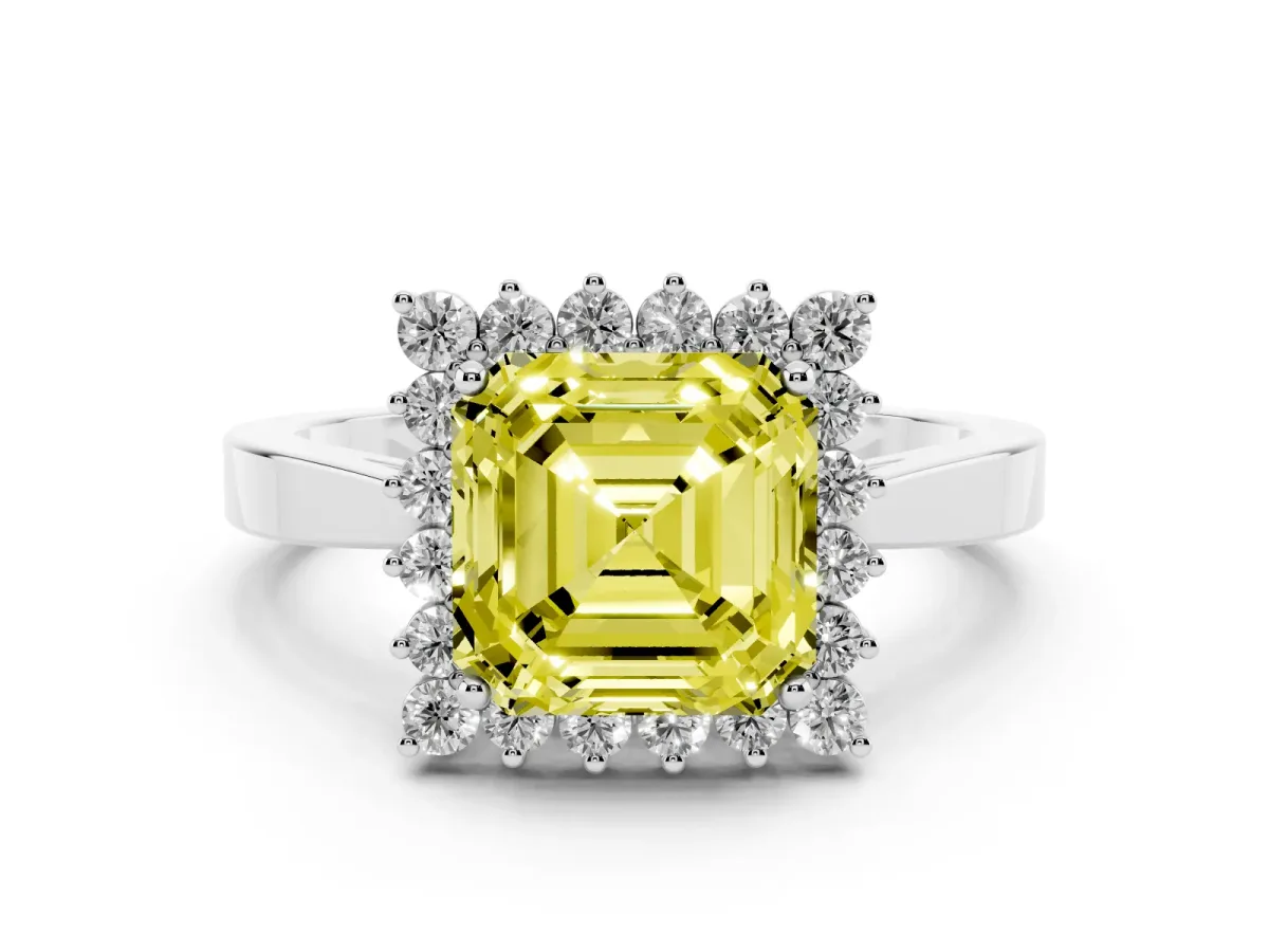 Fancy Yellow Asscher Cut Cut Diamond Halo Ring with Round Brilliant Halo and Solitaire Band Silver
