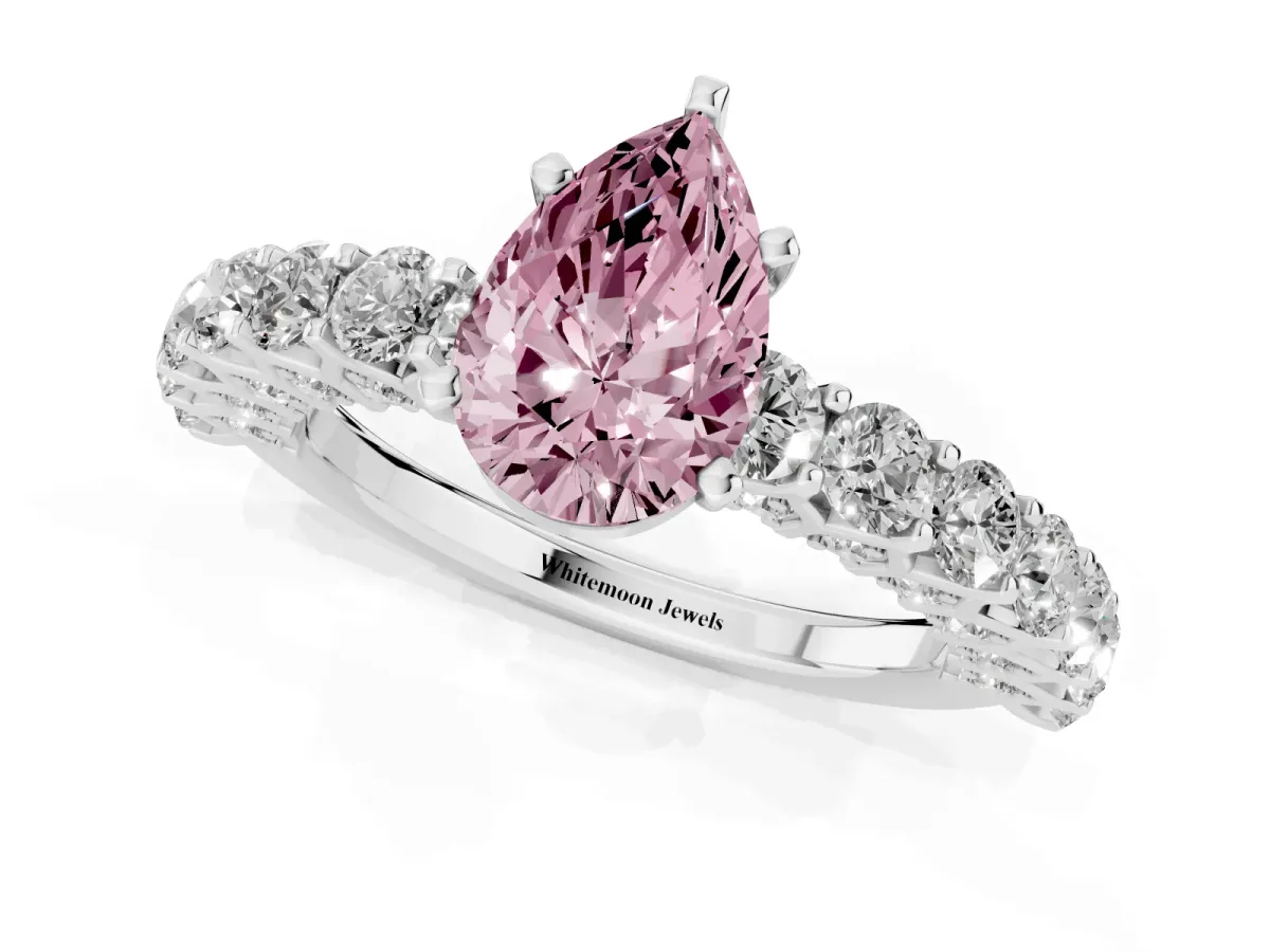 Fancy Pink Pear Cut Diamond Solitaire Ring with Shared Prong Pavé Band and Four-Prong Setting Silver