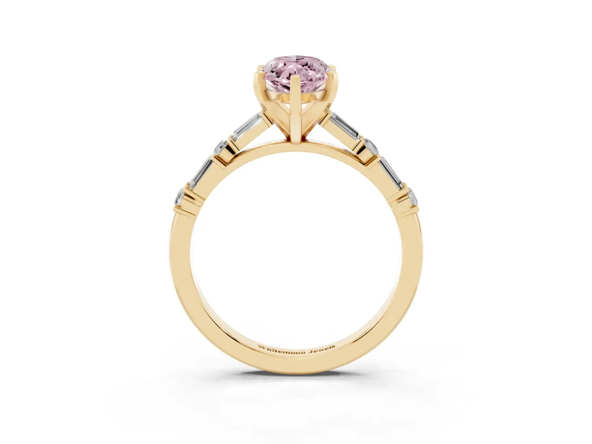Fancy Pink Marquise Cut Diamond Solitaire with Side Baguettes and Channel Set Band Yellow gold
