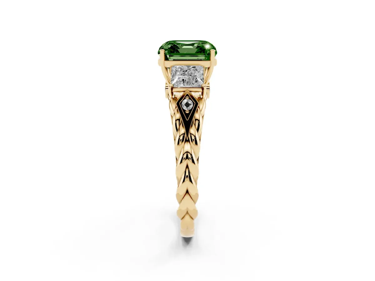 Fancy Green Three-Stone Asscher Cut Diamond Braided Band Ring with Four-Prong Setting Yellow gold