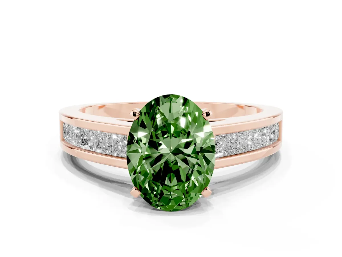 Fancy Green Oval Cut Solitaire Diamond Ring with Channel-Set Band and Four-Prong Setting Rose gold