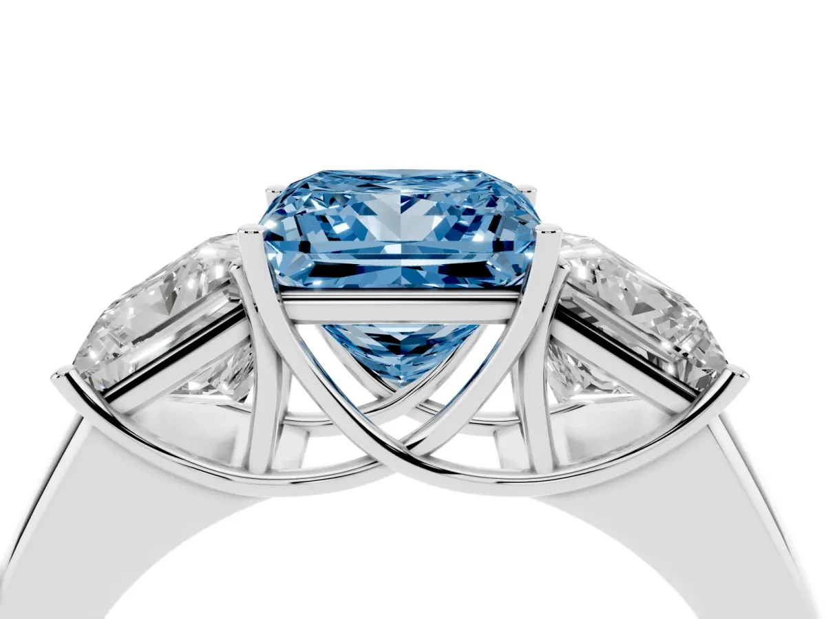 Fancy Blue Three-Stone Princess Cut Cut Diamond Ring with Prong Setting and Classic Band Silver
