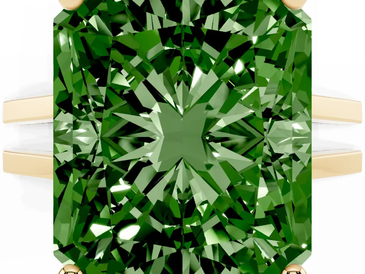 Fancy Green Radiant Cut Cut Diamond Solitaire Engagement Ring with Tapered Plain Band and Four-Prong Setting Yellow gold