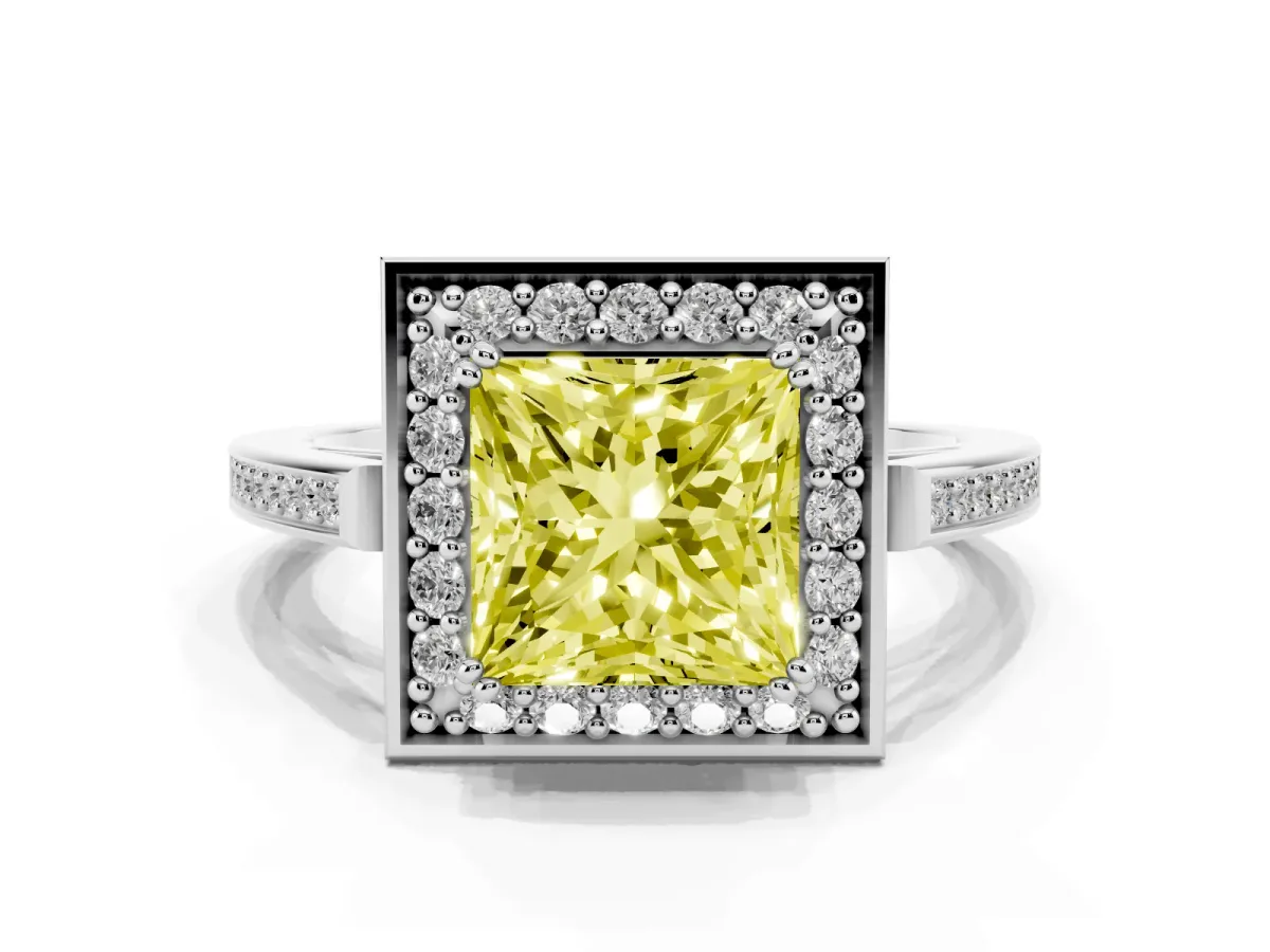 Fancy Yellow Princess Cut Diamond Halo Ring with Split Shank and Four-Prong Setting Silver