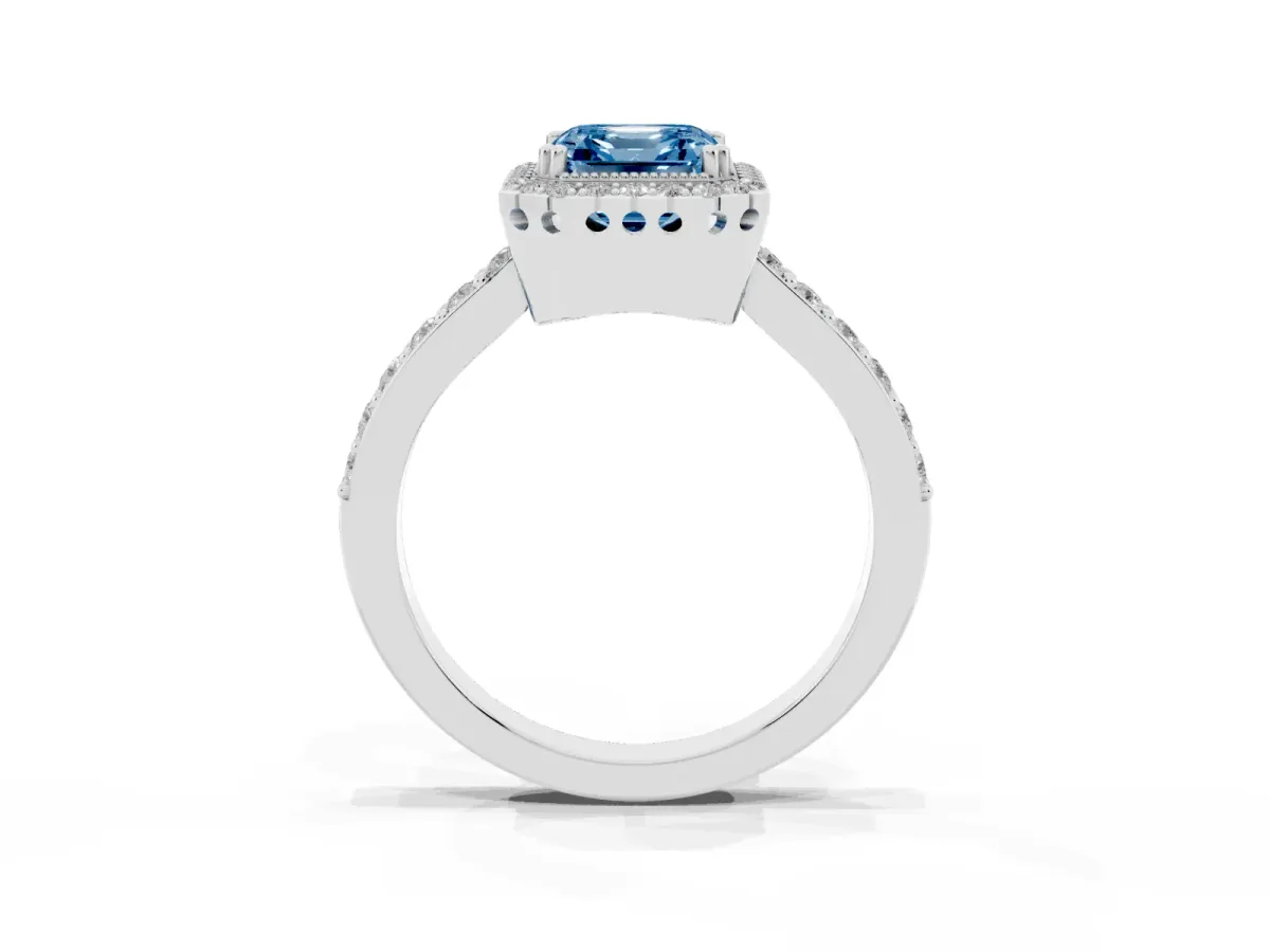 Fancy Blue Asscher Cut Cut Diamond Halo Engagement Ring with Milgrain Detail and Pavé Band White gold