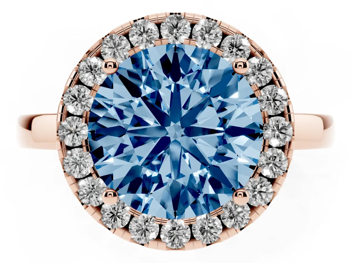 Fancy Blue Round Cut Halo Diamond Solitaire with Pavé Band and Four-Prong Setting Rose gold