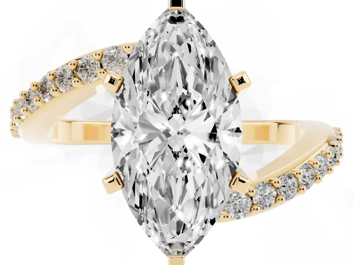 Marquise Cut Solitaire Twist Band with Pave Set Diamonds and Four-Prong Setting Yellow gold
